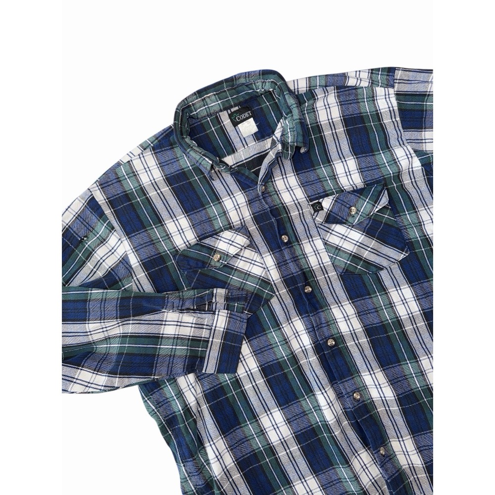 VTG Thrashed 70's Codet Gorpcore Green Blue Plaid Flannel Shirt  Size 2XL READ